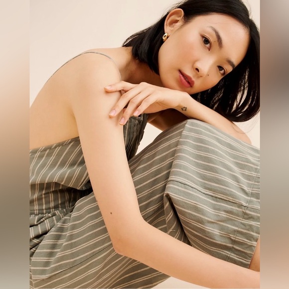 Free People Faded Sage Green and cream striped Verona Jumpsuit with barrel pants - Picture 3 of 8